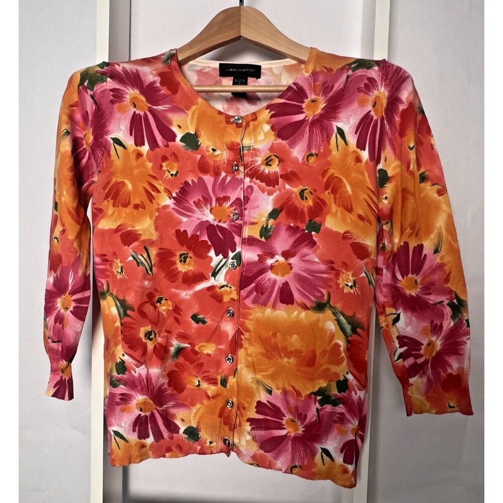 Cable & Gauge Cardigan Sweater Womens S Orange Red Rhinestone Button 3/4 Sleeve